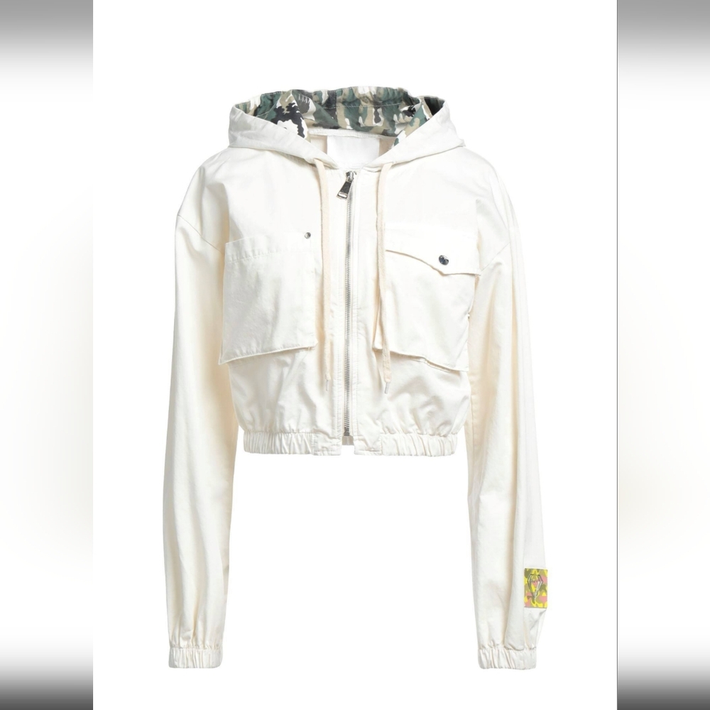 Met Jeans Cream Hooded Jacket And Rhinestone Branding On Back